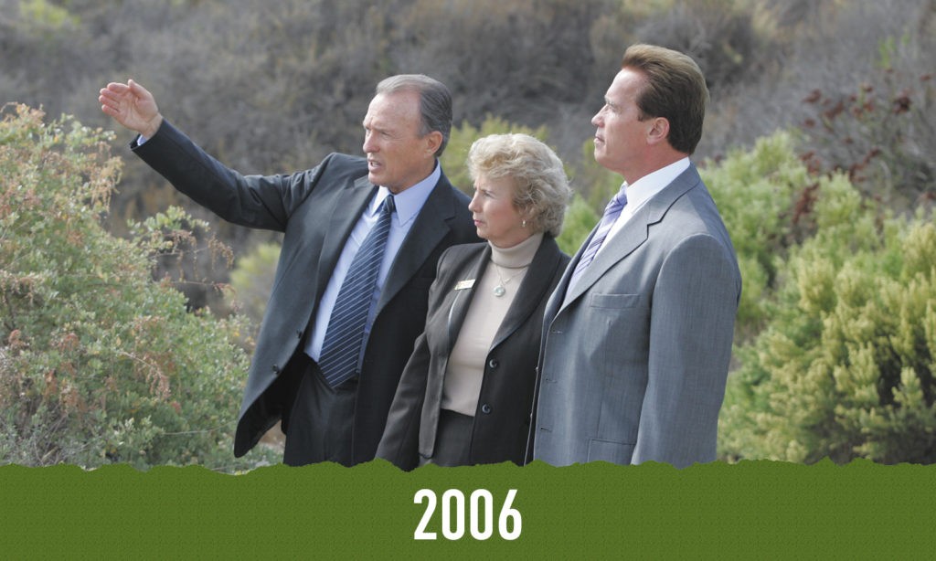 Irvine Company Chairman Donald Bren (left), National Park Service Director Fran Mainella and Gov. Arnold Schwarzenegger