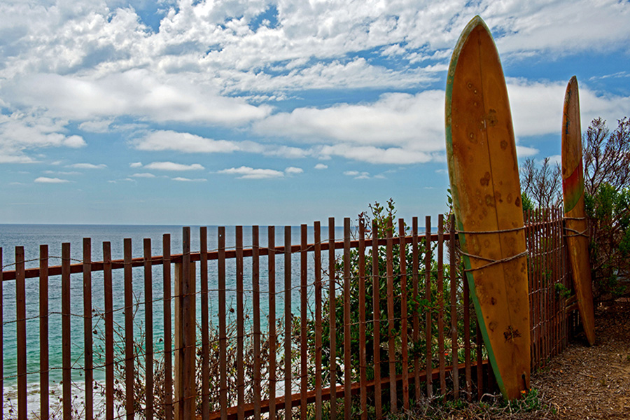 Vintage Surfboards overlook the beach